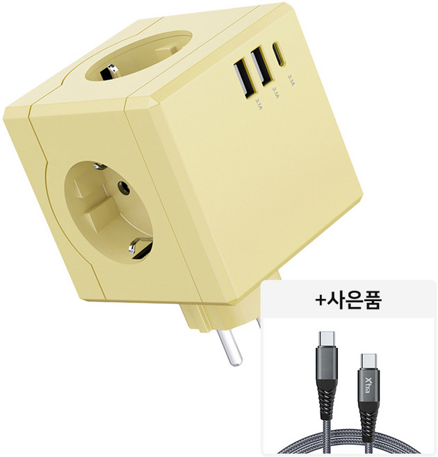 에코너 큐브 멀티탭 C타입 3구 4000W 고용량 + 100w 고속케이블 증정, MT01 옐로우, 1개, 7.6cm