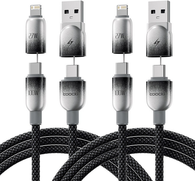 Toocki 4in1 100w C to C 8핀 라이트닝 usb 타입 초고속 멀티 충전케이블, 2개, 블랙, 1.2m
