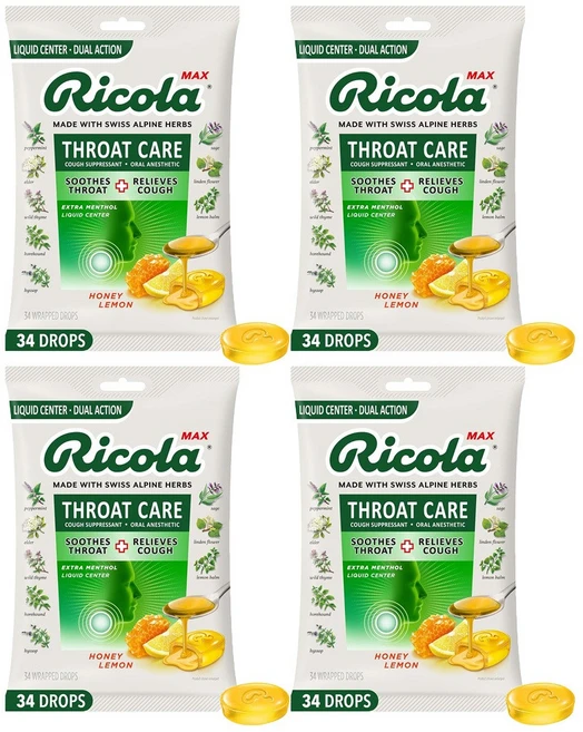 Ricola 리콜라 Max Throat Care 허니 레몬 캔디 사탕 34개입 4팩, 4개 - 쿠팡