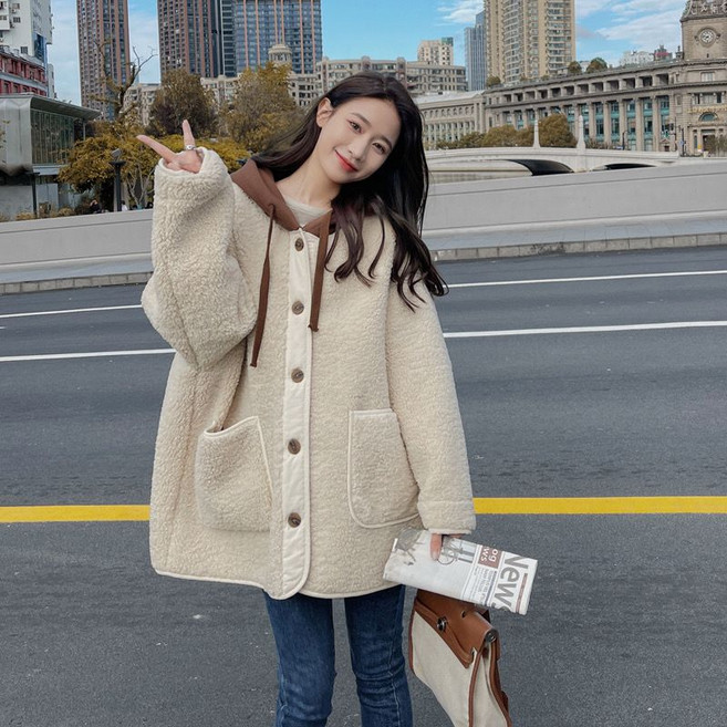 COSYEVNO 떡볶이 코트 여성 겨울 후드 캐시미어 코트 트렌디한 통근 패치 톱 CXJyrwt-10