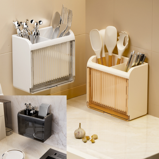 모아빛 물빠짐 수저통 수저꽂이 정리함, 1개, 블랙