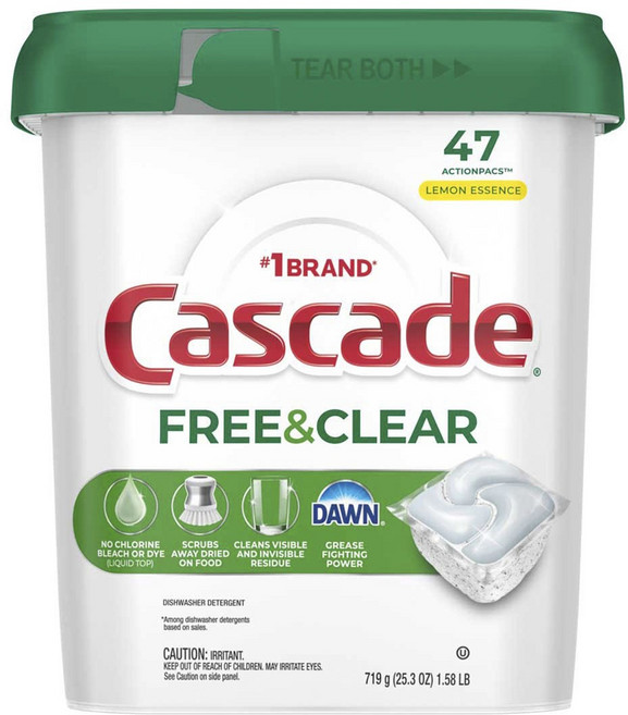 Cascade 프리 & 클리어 디쉬워셔 세제 레몬 에센스 47개입, 1개, 719g