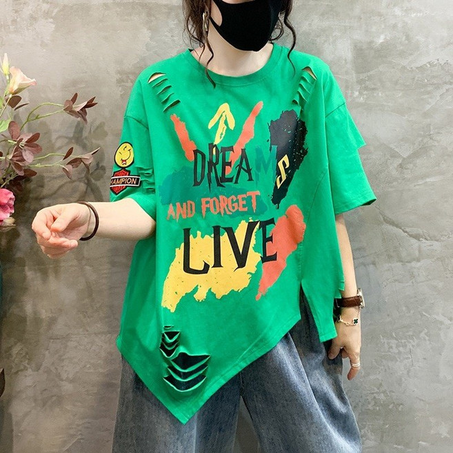 언발구제빈티지절개나염드림라이브반팔티셔츠 단체무대공연복영문여성힙합방송에어로빅줌바라인댄스복박시핏빅사이즈휘트니스운동복추리닝 스우파스걸파봄신상추천사계절썸머여름바캉스기본베이직