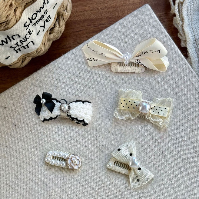 크레용펫 강아지 빗살핀 머리핀 5종세트 고급 화이트 리본핀 수제 악세사리