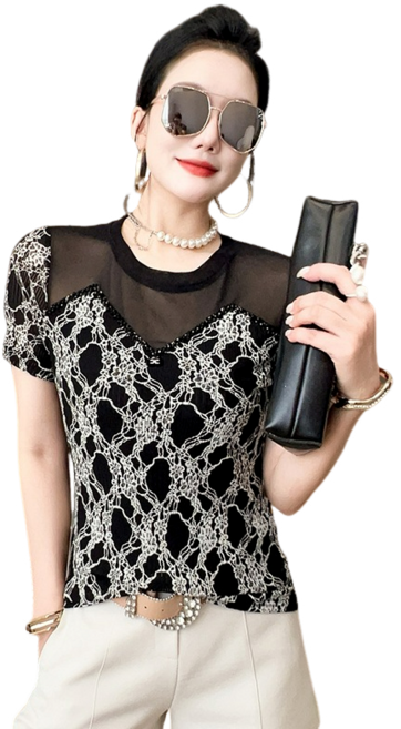 라인댄스복 스포츠댄스복 여성용 비즈 망사 패치 반팔 스판 티셔츠 +Women's T-shirt 뉴타임즈