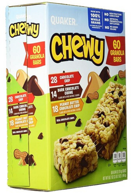 Quaker 퀘이커 츄이 그래놀라 바 3종 24g x 60바 프로틴바 Chewy Granola Bar, 60개