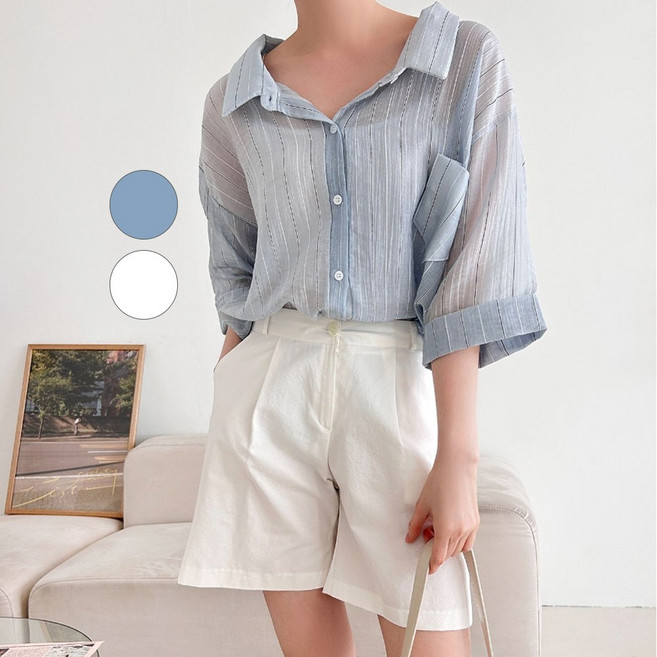 빅걸스토리 빅사이즈 여성 네티 스트라이프 7부소매 셔츠