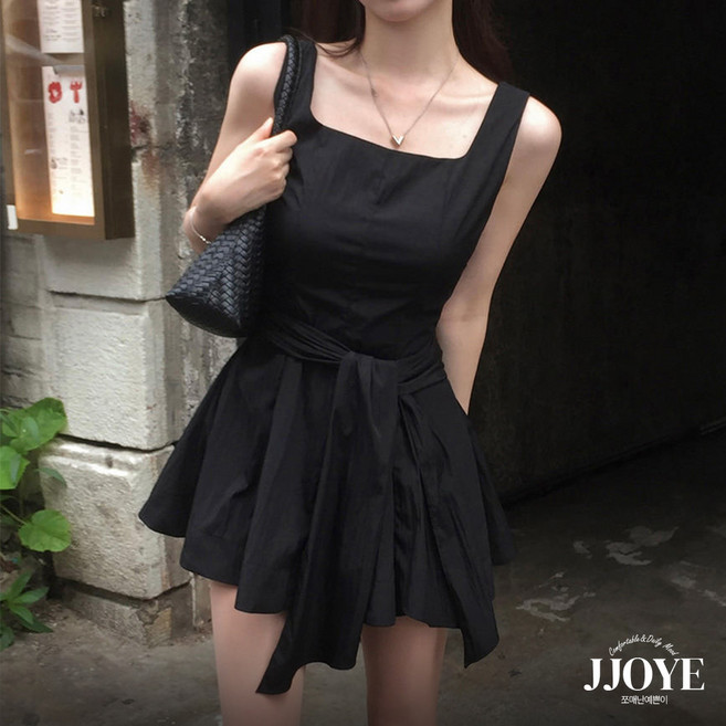 쪼예 투웨이 리본 스트랩 스퀘어넥 핀턱 나시 미니 원피스