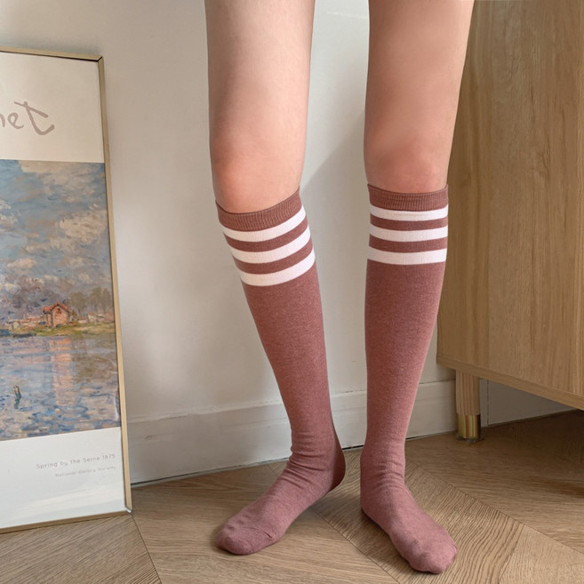 여성니삭스 면타이즈 삼선 니하이롱삭스, 화이트, 1개