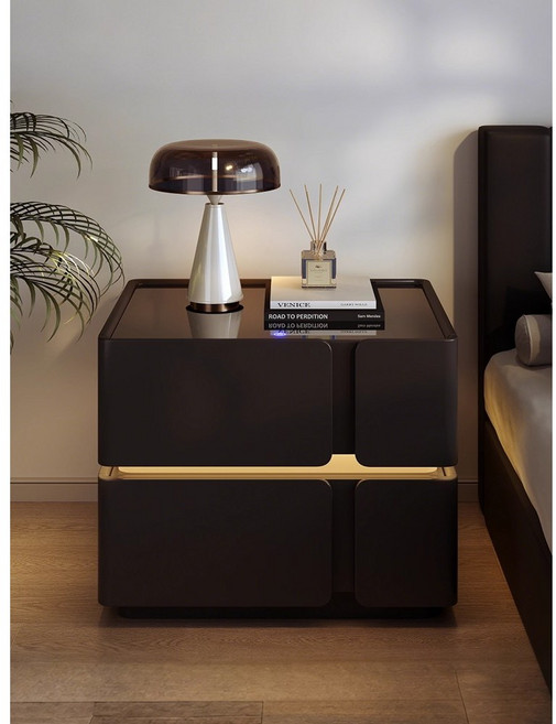 Tixpra 완제품 배송 유광 침대 협탁 2단 서랍형 LED 무드조명 모던 인테리어 수납 미니 서랍장, 1개, 블랙40*45*48