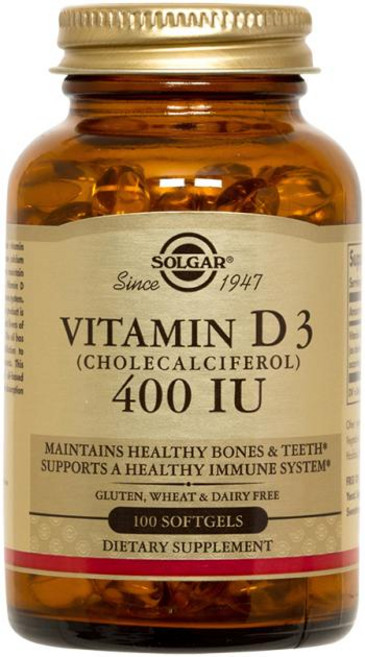 SOLGAR 無糖無麩質維他命D3膽鈣化醇軟膠囊 400lU, 100顆, 1罐