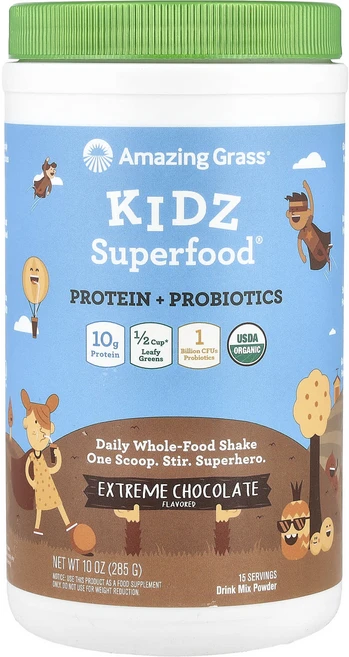Amazing Grass Kidz Superfood® 단백질 + 프로바이오틱 익스트림 초콜릿 285g(10oz), AmazingGrassKidzSuperfood단백질프로, 285g, 1개 - 쿠팡