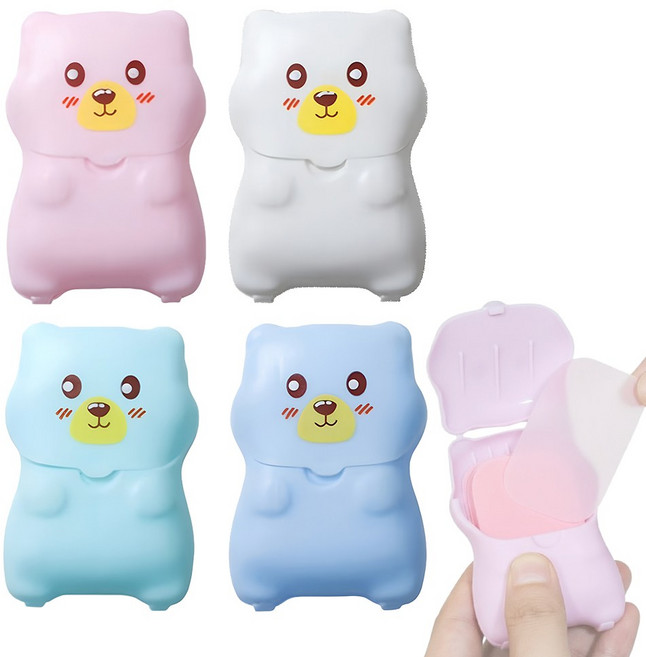 브레인버니 곰돌이 종이비누 핸디 휴대용, 화이트+블루+핑크+민트, 4개, 2.7g