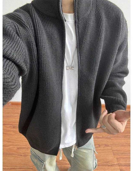 美式復古 立領針織開衫毛衣外套 男