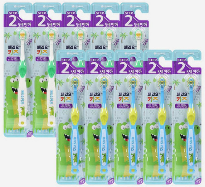 페리오 키즈 주니어 2단계 유아 칫솔 3세부터5세 혼합색상 10개 305576, 흰색 + 파란색