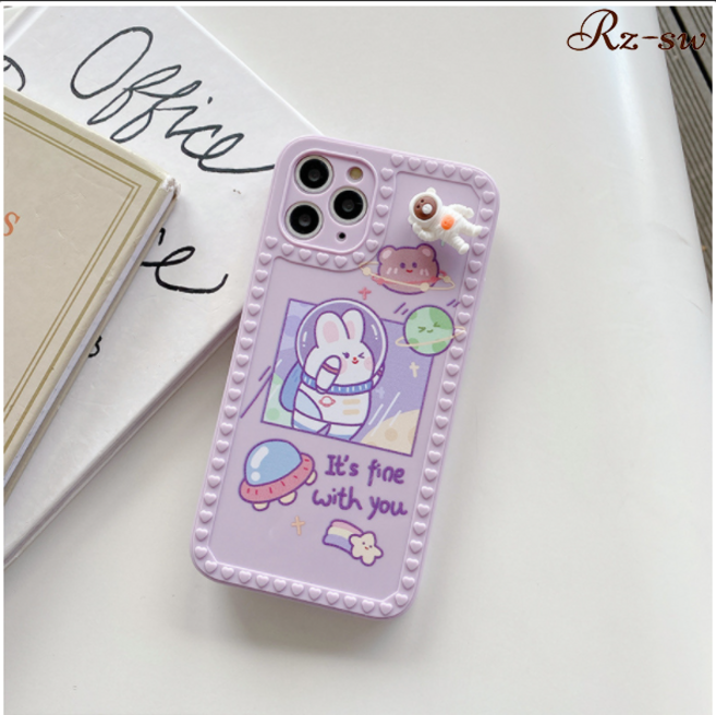 RZsw 아이폰12 커버 우주인 곰돌이 실리콘 케이스 미끄럼 방지 케이스 회전 가능한 인형 iphone12