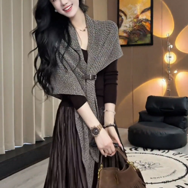 하루템 니트 숄 케이프 삼각 망사 숄더 커버 여성 가디건 숄 머플러 간절기 레이어드