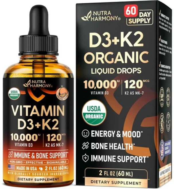 비타민D3 K2 USDA 유기농 드롭스 - 10000 U MK-7 120mcg 면역 기분 지원 뼈 치아 건강 무설탕 오렌지 맛 액상 미국산 2액량 온스 분 NUTRA헤어MONY, 2 플로우 온스 (1개 팩) - 쿠팡