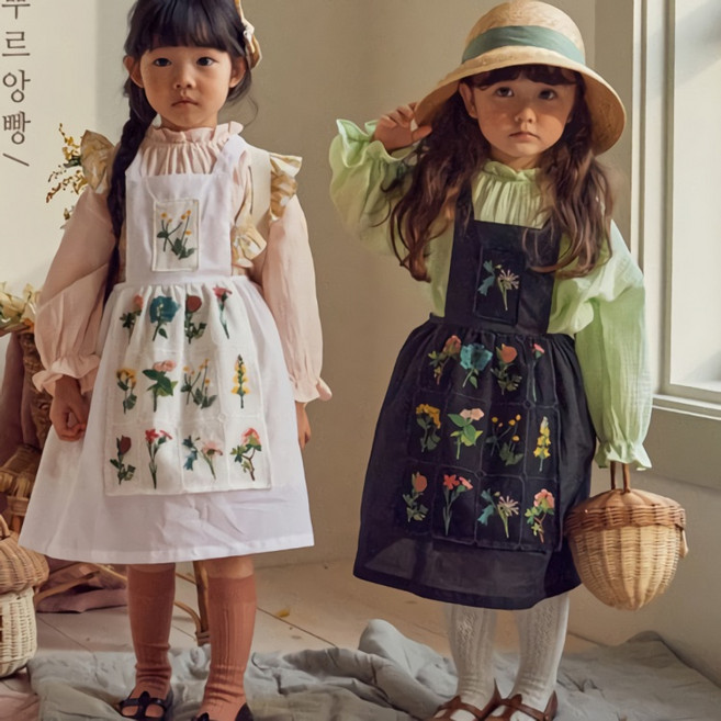 여아 주니어 아동 유아 스커트 치마 자수 에이프런