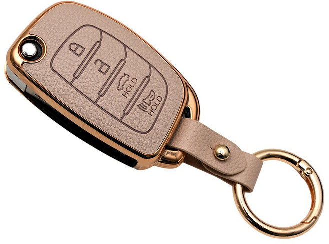 현대 아반떼MD 그랜저HG 호환 프리미엄 TPU 가죽 자동차 스마트 키 케이스 차 키홀더, 가로4버튼TL70, 아이보리골드