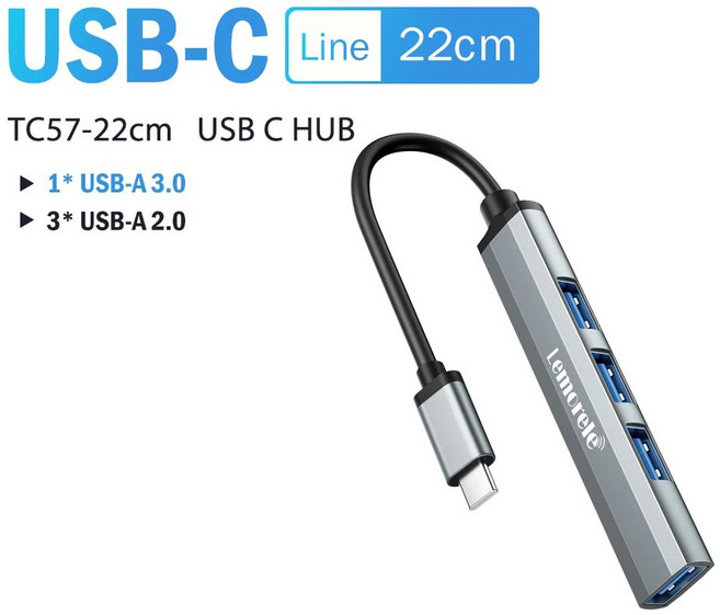 Lemorele USB C 허브 3.0 롱 케이블 OTG 4 포트 타입 C 허브 멀티 스플리터 어댑터 노트북 액세서리 레노버 맥브용, 1) 22CM