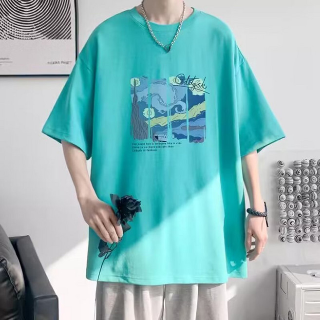 落肩款五分袖 T恤 潮牌衣服海浪油畫印花【M-5XL】熒光色大尺碼 寬鬆短袖 情侶裝 男生衣服, 湖綠色,5XL