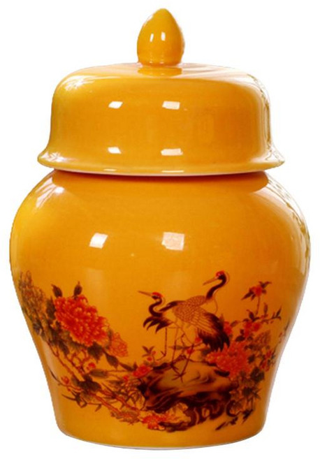 QDY 세라믹 차 용기 뚜껑이있는 도자기 화분 수 책상 보관 냄비 침실 캐비닛 식탁을위한 사원, 두루미, 10.5cmx15CM, 1개