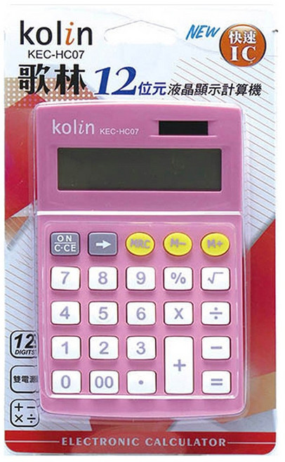 Kolin 歌林 KEC-HC07 12位數液晶顯示計算機 雙電源, 粉紅色, 1個