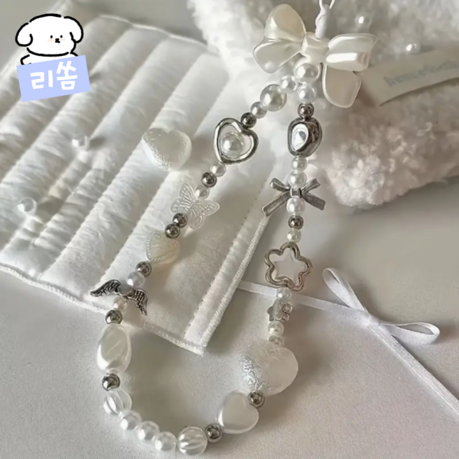 [비즈 스트랩] 리쏨 트윙클 휴대폰스트랩 귀여운 스트랩 선물추천, 1개, 리본 화이트