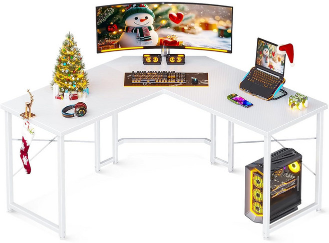 AODK L자형 게이밍 데스크 코너 데스크 게이밍 테이블 컴퓨터 책상 견고한 필기용 워크스테이션 탄소 섬유 표면 조립 간편 (15분 소요), 화이트, H05