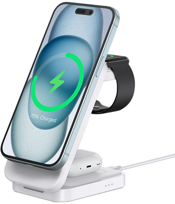 초텍 3in1 Qi2 맥세이프 접이식 고속 무선 충전기 갤럭시 애플워치 아이폰 호환 가능, 1개, 화이트