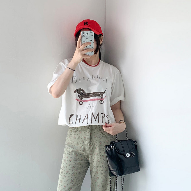 여자 닥스훈트 반팔 루즈핏 귀여운 면 티셔츠 3컬러