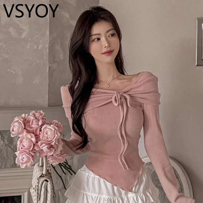 vsyoy 한국 동대문 ~ 부드러운 여성 어깨 레이스 업 슬림 긴소매 티셔츠