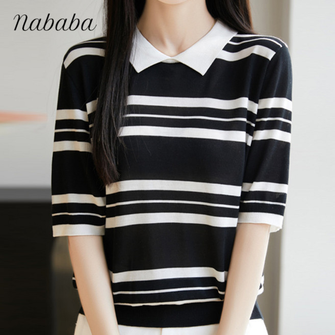 나바바 NK2951 여성 캐주얼 단가라 카라 반팔 니트티