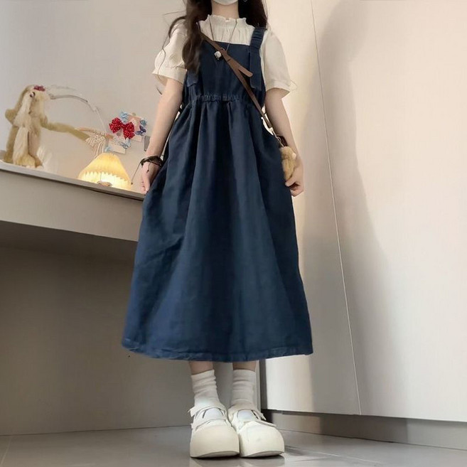 슬림소녀 여성 여름 민소매 멜빵 롱스커트 스위트 스트링 조임 데님 원피스 캐주얼 루즈핏