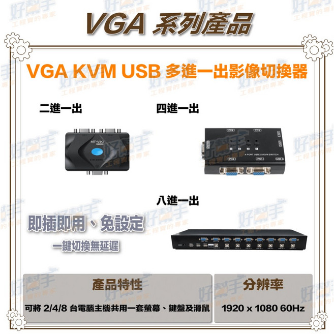 VGA KVM USB 切換器(可控制鍵盤及滑鼠), 1個, HD-VK801(八進一出款),含稅價(需備註統編), HD-VK801