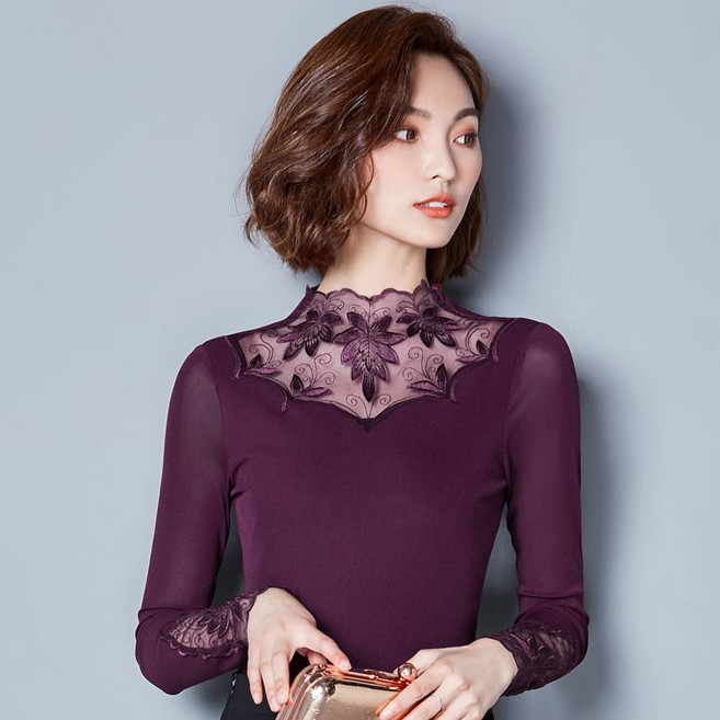 VVRR 여성 티셔츠 하프 터틀넥 디자인에 세련된 자수 장식을 더한 슬림핏 이너 상의 Z0012905