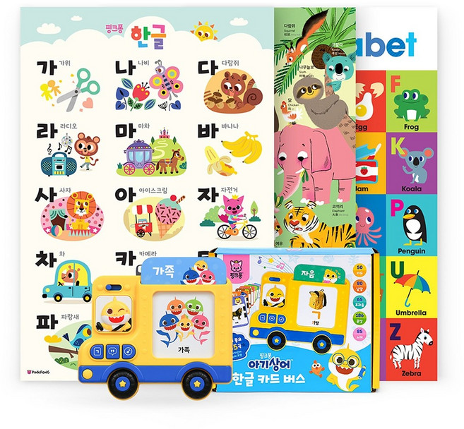 핑크퐁 아기상어 한글 카드 버스 & 벽그림 세트, 1, 한글, 영어, 중국어, 36
