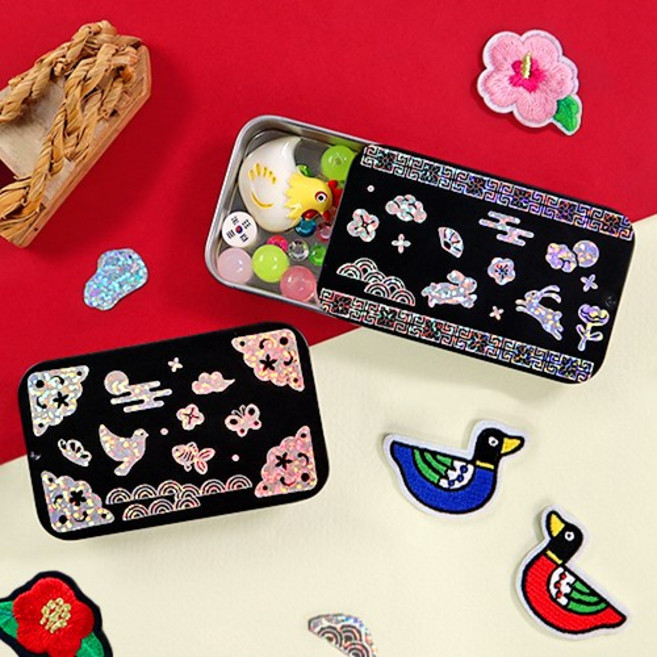 전통 원형 자개함 미니보석함 악세사리보관함 틴케이스 나전칠기 자개스티커 유아미술 미술재료 만들기재료 diy, 자개함-사각