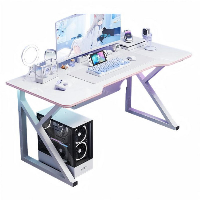 電競書桌 碳纖維紋 人體工學設計 K型穩固鋼架 簡約實用穿線孔, 白