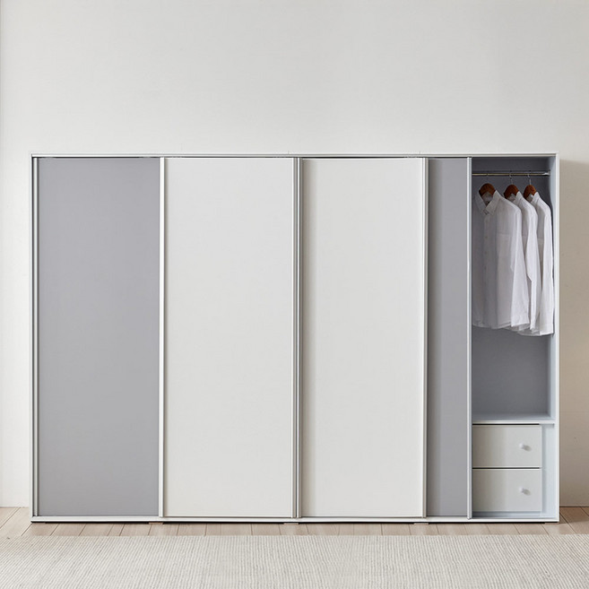 파로마 모닝 3200 키큰 행거형 슬라이딩 옷장 E0 자동댐핑도어 장농, 베이비핑크/화이트, D형(옷장+이불장+옷장+서랍옷장)