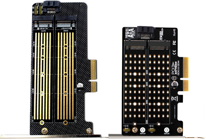 PCI-E X4 M.2 NVMe/SATA 雙碟擴充卡 M-Key B-Key, 1個, 加長版-長擋板(出廠預設配置)