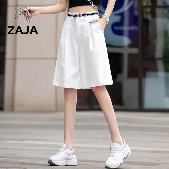 ZAJA 여름 여성 하이웨스트 5부 와이드 반바지 화이트 슬랙스 오피스룩 데일리