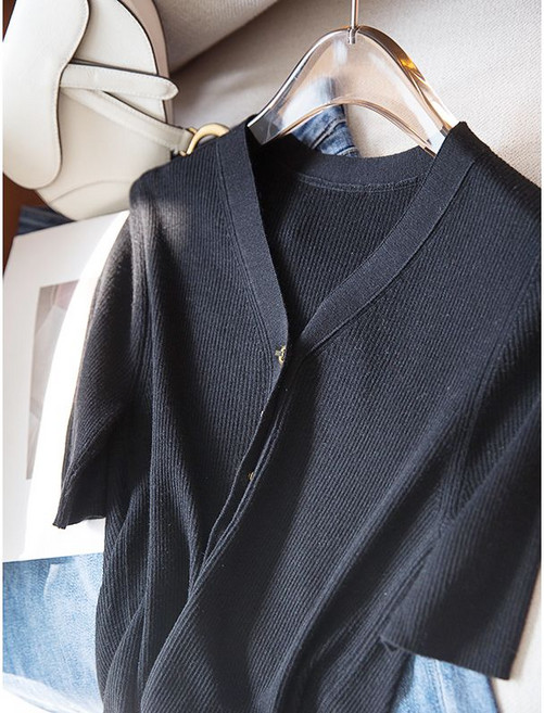 라오농 여성용 여름 빅사이즈 브이넥 단추 반팔 니트 티셔츠 KAJ04J