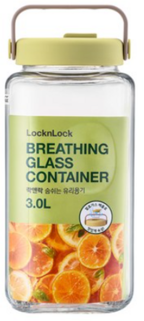 락앤락 숨쉬는 유리용기 옐로우 그린 + 네임택, 3L, 1개