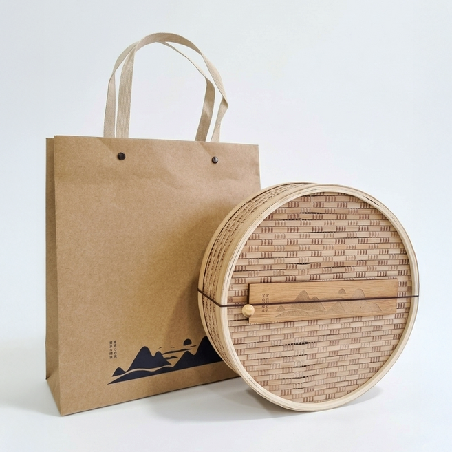 정통 수제 대나무 다용도 프리미엄 바구니(원형) / 전용 쇼핑백 포함, 1개, 베이지,브라운