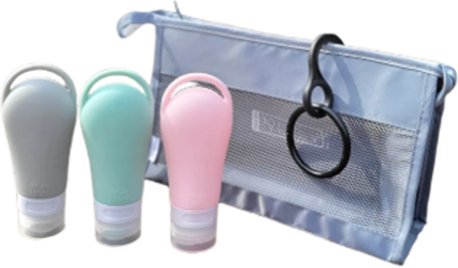 (왓썸) 3중캡 실리콘 고리 공병 파우치 세트 여행용 수영장 캠핑장 헬스장 삼푸통 절대 새지 않은 소분용기, 90ml, 1세트, 혼합색상(그레이+민트+핑크+고리+파우치)