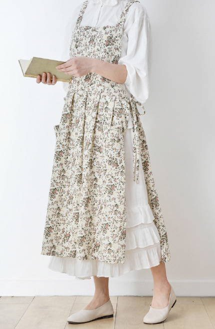 BBang:D 원피스 앞치마 들꽃 꽃무늬 롱, 1개, 아이보리