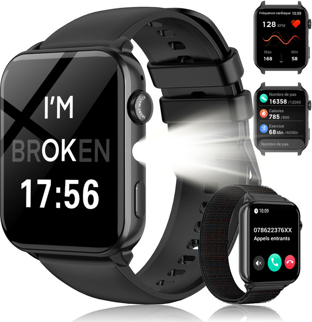 IOWODO 스마트워치 1.91인치 HD 곡면 통화가능 스마트워치 메시지 알림 수면 스포츠 기능 추적 IP68 방수 한국어 버전 가성비 선물, 블루투스, 3.8cm, 검은색