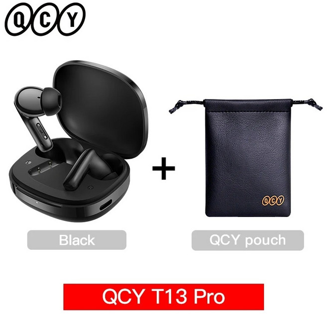 QCY T13 Pro 무선 이어폰 블루투스 ANC 노이즈캔슬링, 블랙 파우치 포함